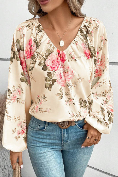 Floral V-Neck Balloon Sleeve Blouse - MimiStylez