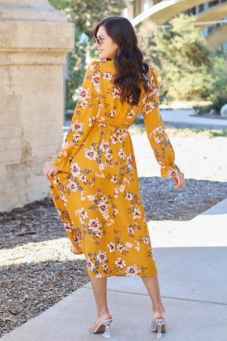 Double Take Full Size Floral Tie Back Flounce Sleeve Dress - MimiStylez