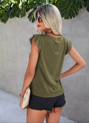 Ruffled Round Neck Cap Sleeve T-Shirt - MimiStylez