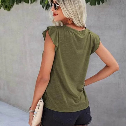 Ruffled Round Neck Cap Sleeve T-Shirt - MimiStylez