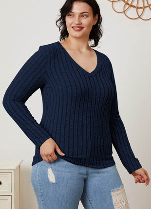 Basic Bae Full Size Ribbed V-Neck Long Sleeve T-Shirt - MimiStylez
