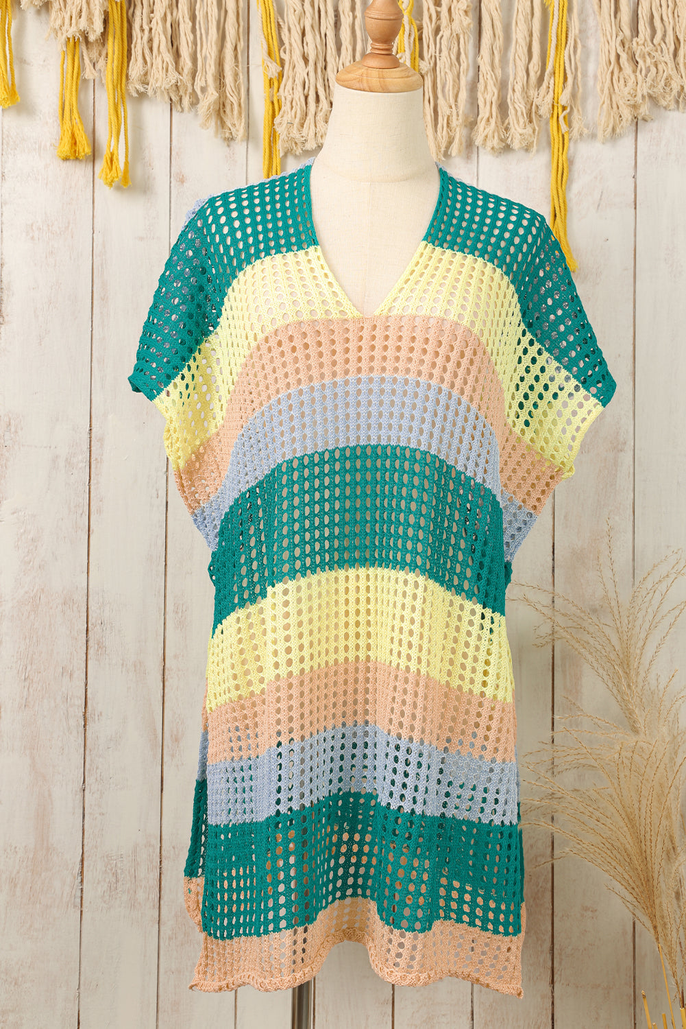 Yellow Striped Hollow Out Knit V Neck Tunic Cover Up