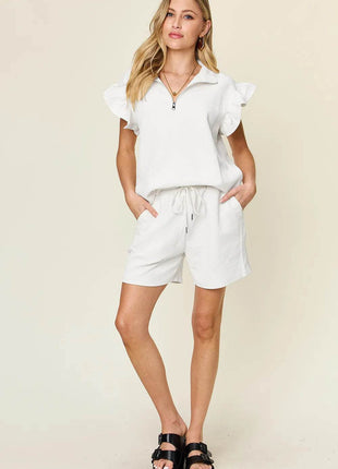 Double Take Full Size Texture Flounce Sleeve Top and Drawstring Shorts Set - MimiStylez