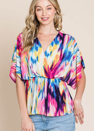 BOMBOM Printed Surplice Peplum Blouse - MimiStylez