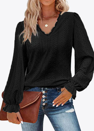 Eyelet V-Neck Flounce Sleeve Blouse - MimiStylez