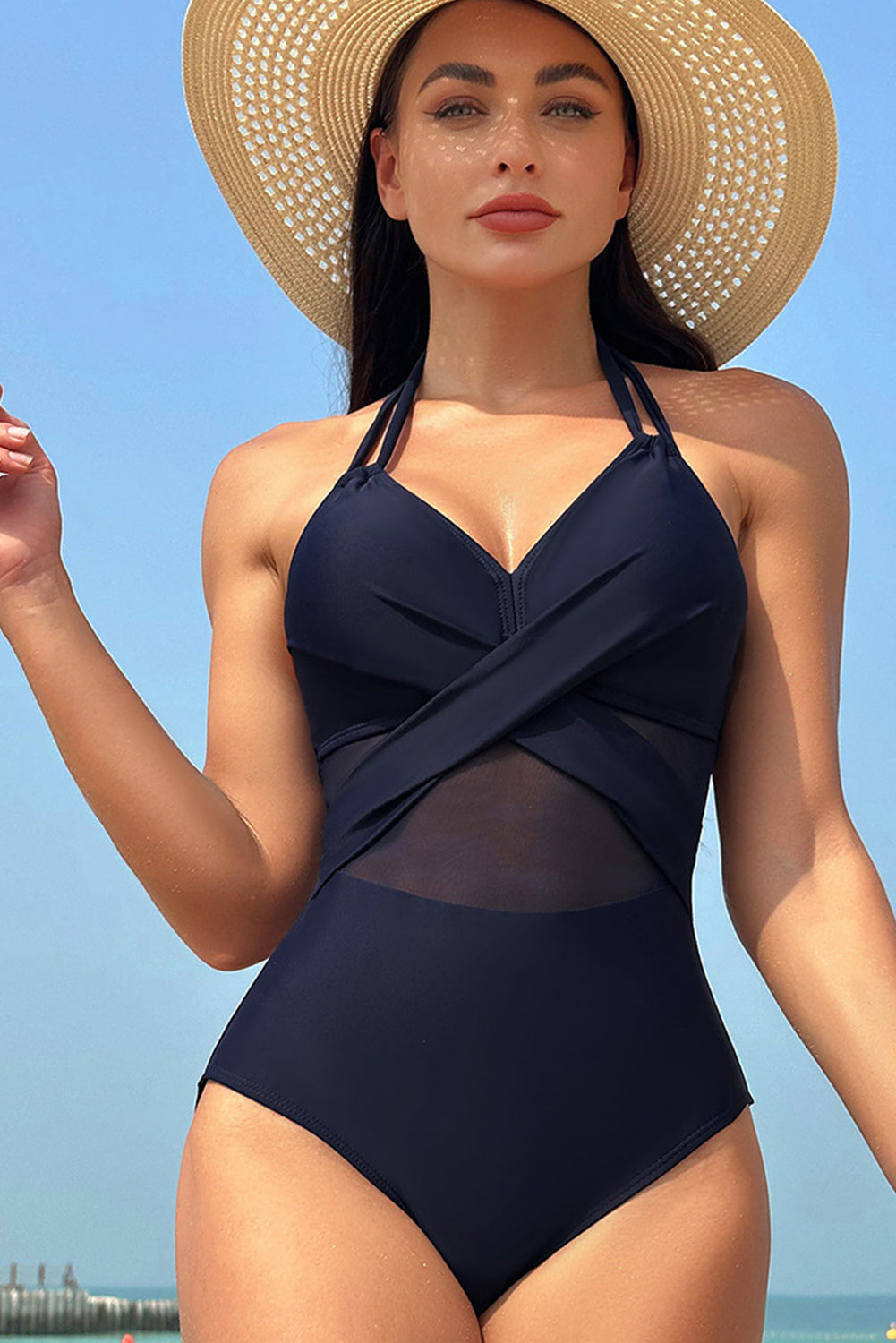 Black Halter Mesh Insert Cross Front One-Piece Swimsuit