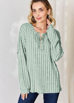 Basic Bae Full Size Ribbed Half Button Long Sleeve T-Shirt - MimiStylez