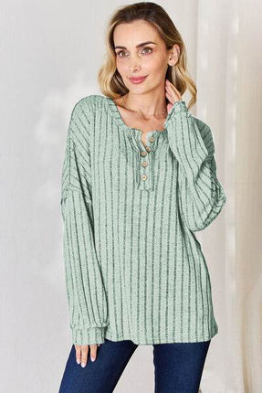 Basic Bae Full Size Ribbed Half Button Long Sleeve T-Shirt - MimiStylez