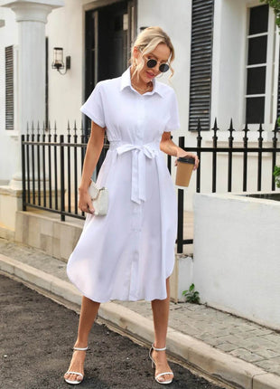 Tied Button Up Shirt Dress - MimiStylez