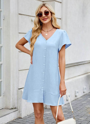 Tied Button Up Short Sleeve Mini Shirt Dress - MimiStylez