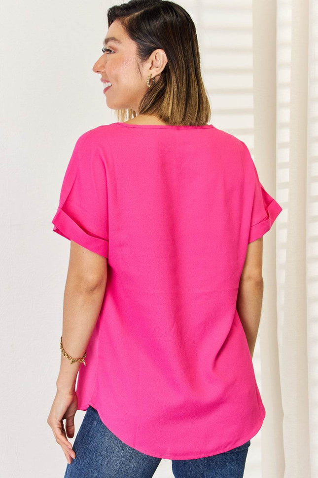Zenana V-Neck Rolled Short Sleeve T-Shirt - MimiStylez