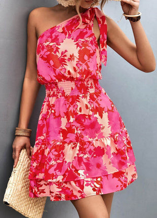 Tied Smocked Printed Single Shoulder Dress - MimiStylez