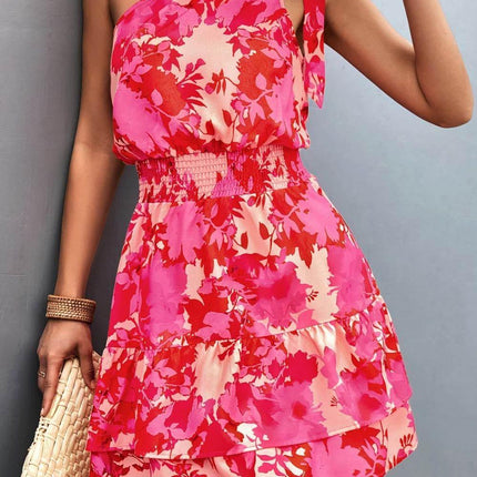 Tied Smocked Printed Single Shoulder Dress - MimiStylez