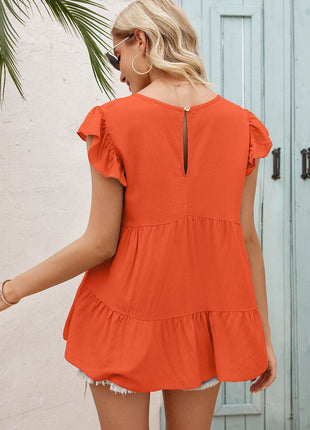 Round Neck Flutter Sleeve Tiered Blouse - MimiStylez