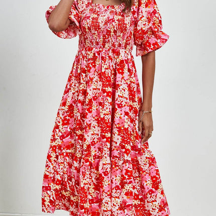 Smocked Floral Square Neck Short Sleeve Dress - MimiStylez