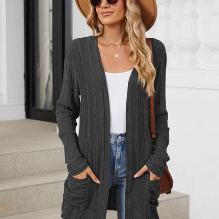 Pocketed Open Front Long Sleeve Cardigan - MimiStylez