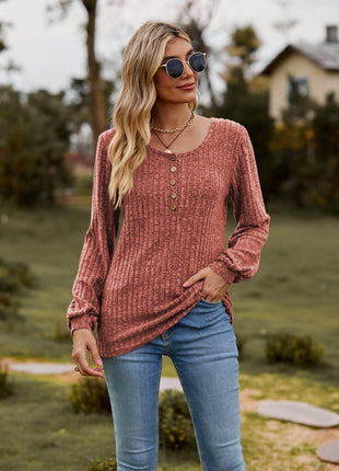 Round Neck Button-Down Long Sleeve Tee - MimiStylez