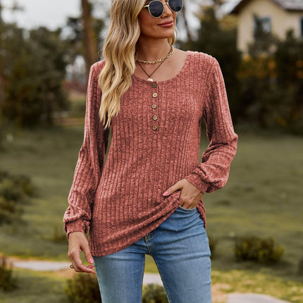 Round Neck Button-Down Long Sleeve Tee - MimiStylez