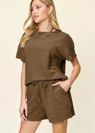 Double Take Full Size Texture Short Sleeve T-Shirt and Drawstring Shorts Set - MimiStylez