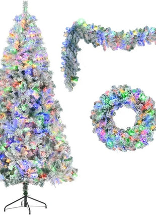 6FT Snow Flocked Christmas Tree  Pre Lit Set With Tree Garland & Wreath, Artificial Hinged Xmas Tree With Colorful LED Lights8 Lighting Modes, Pine Cones