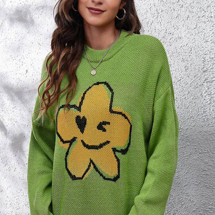 Flower Graphic Drop Shoulder Sweater - MimiStylez
