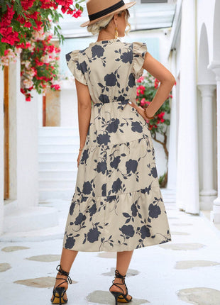 Floral Frill Trim V-Neck Tiered Midi Dress - MimiStylez