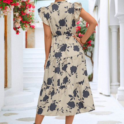 Floral Frill Trim V-Neck Tiered Midi Dress - MimiStylez