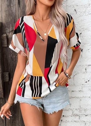 Printed V-Neck Short Sleeve Blouse - MimiStylez