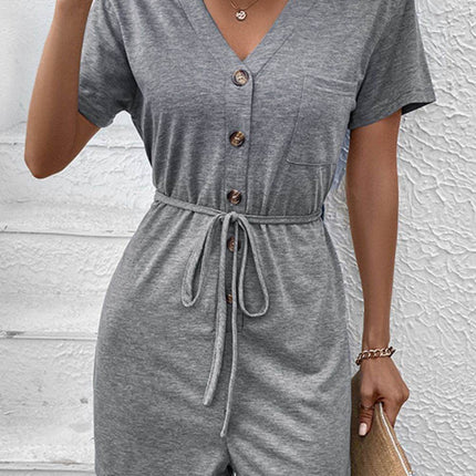 V-Neck Short Sleeve Tied Romper - MimiStylez