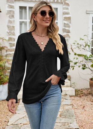 Eyelet Lace Trim Flounce Sleeve Blouse - MimiStylez