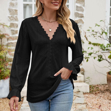 Eyelet Lace Trim Flounce Sleeve Blouse - MimiStylez