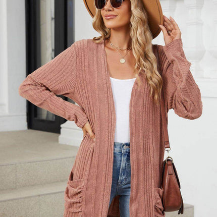 Pocketed Open Front Long Sleeve Cardigan - MimiStylez