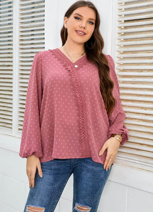 Melo Apparel Plus Size Lace Trim V-Neck Balloon Sleeve Blouse - MimiStylez