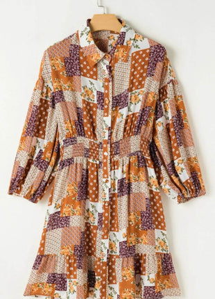 Printed Collared Neck Three-Quarter Sleeve Mini Shirt Dress - MimiStylez