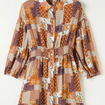 Printed Collared Neck Three-Quarter Sleeve Mini Shirt Dress - MimiStylez