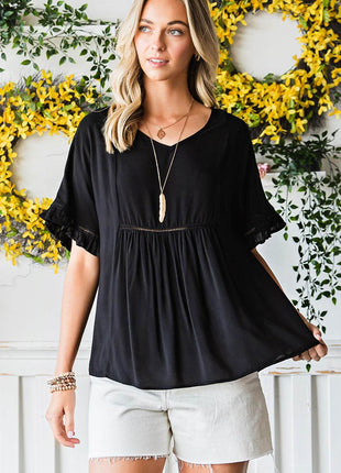 V-Neck Flounce Sleeve Babydoll Blouse - MimiStylez