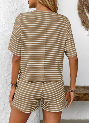 Striped Round Neck Short Sleeve Top and Shorts Set - MimiStylez