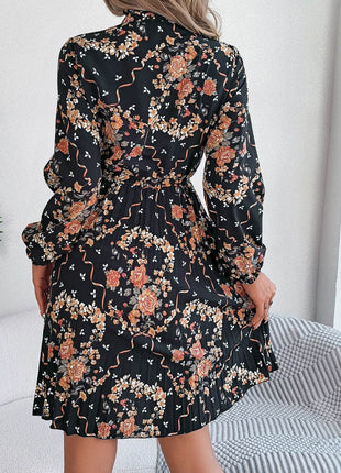 Pleated Printed Tie Neck Long Sleeve Dress - MimiStylez