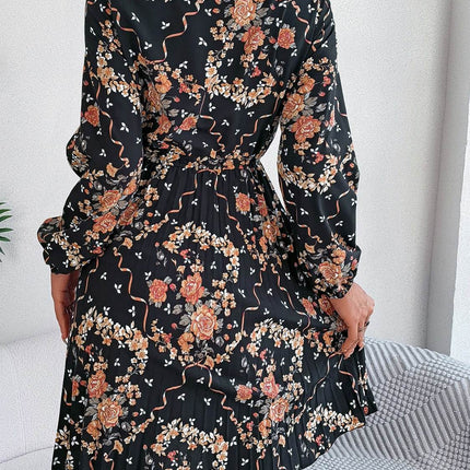 Pleated Printed Tie Neck Long Sleeve Dress - MimiStylez