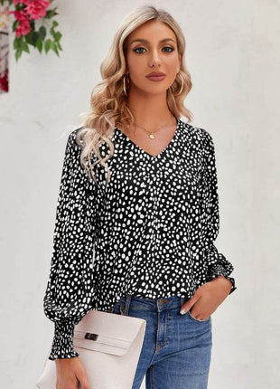 Printed V-Neck Lantern Sleeve Blouse - MimiStylez