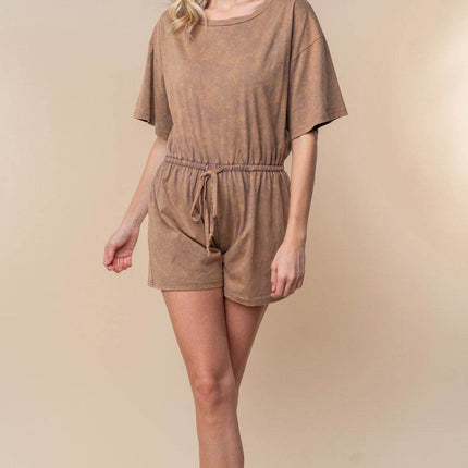 White Birch Full Size Short Sleeve Drawstring Romper - MimiStylez