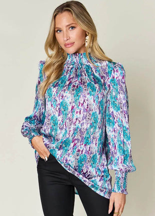 Double Take Full Size Printed Smocked Long Sleeve Blouse - MimiStylez