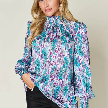 Double Take Full Size Printed Smocked Long Sleeve Blouse - MimiStylez