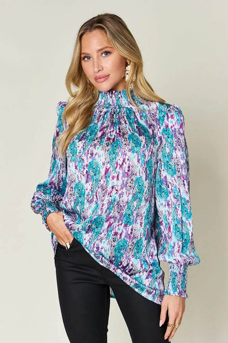 Double Take Full Size Printed Smocked Long Sleeve Blouse - MimiStylez