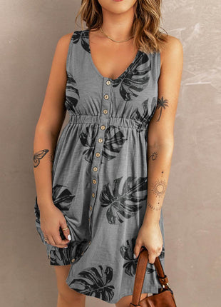 Buttoned Round Neck Sleeveless Mini Magic Dress - MimiStylez