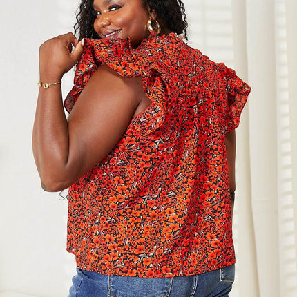 Double Take Floral Flutter Sleeve Notched Neck Blouse - MimiStylez