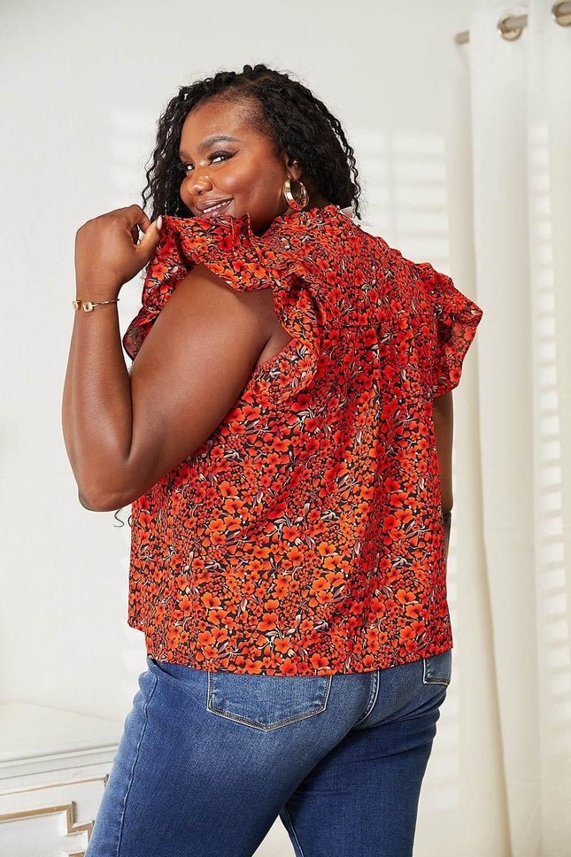 Double Take Floral Flutter Sleeve Notched Neck Blouse - MimiStylez