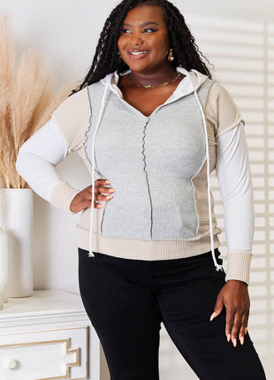 Double Take Color Block Exposed Seam Drawstring Hoodie - MimiStylez