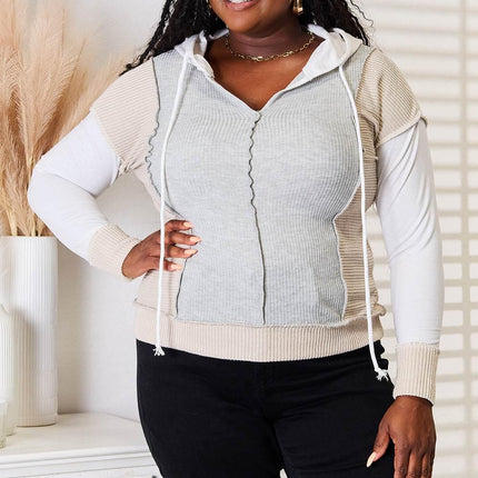 Double Take Color Block Exposed Seam Drawstring Hoodie - MimiStylez