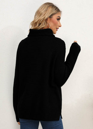 Slit Turtleneck Dropped Shoulder Sweater - MimiStylez